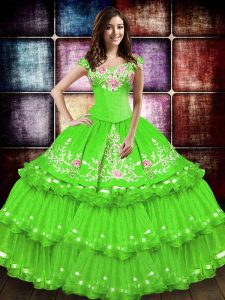 Off The Shoulder Neckline Embroidery and Ruffled Layers Quinceanera Gowns Sleeveless Lace Up