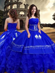 Strapless Sleeveless Quinceanera Gown Floor Length Embroidery and Ruffled Layers Royal Blue Taffeta