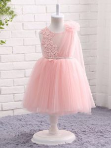 Beautiful Baby Pink A-line Tulle Scoop Sleeveless Appliques and Hand Made Flower Knee Length Zipper Pageant Dress Wholesale
