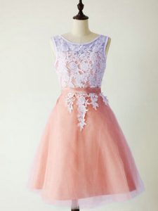 Elegant Peach Tulle Lace Up Scoop Sleeveless Knee Length Dama Dress Lace