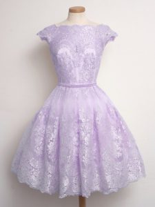 Lace Quinceanera Court of Honor Dress Lavender Lace Up Cap Sleeves Knee Length