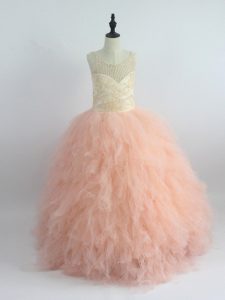 Scoop Sleeveless Little Girl Pageant Dress Floor Length Appliques and Ruffles Peach Tulle