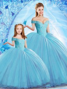Customized Lace Up Quinceanera Dress Baby Blue for Military Ball and Sweet 16 and Quinceanera with Beading Sweep Train