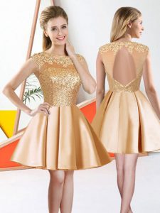 Champagne Backless Quinceanera Court Dresses Beading and Lace Sleeveless Knee Length