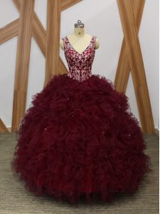 Burgundy Ball Gowns V-neck Sleeveless Organza Floor Length Backless Beading and Ruffles Vestidos de Quinceanera