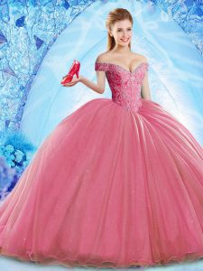 Decent Sleeveless Brush Train Lace Up Beading Quince Ball Gowns