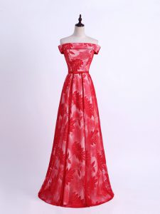 Charming Floor Length Red Damas Dress Off The Shoulder Sleeveless Lace Up