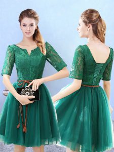 Trendy Knee Length Green Court Dresses for Sweet 16 Scoop Half Sleeves Lace Up