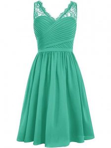 Empire Damas Dress Green V-neck Chiffon Sleeveless Knee Length Side Zipper