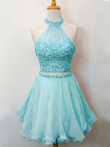 Enchanting Beading Dama Dress for Quinceanera Aqua Blue Lace Up Sleeveless Knee Length