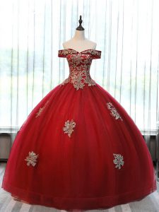 Low Price Wine Red Tulle Lace Up Off The Shoulder Sleeveless Floor Length Sweet 16 Dress Beading and Appliques