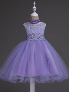 Lavender Little Girls Pageant Gowns Wedding Party with Beading and Lace Scoop Sleeveless Zipper