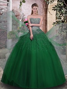 Shining Floor Length Dark Green Quinceanera Gowns Strapless Sleeveless Lace Up