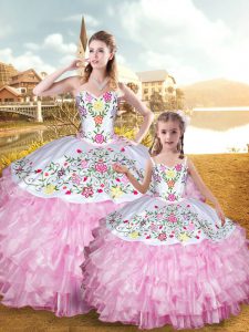 Pretty Rose Pink Organza and Taffeta Lace Up Sweetheart Sleeveless Floor Length Vestidos de Quinceanera Embroidery and Ruffled Layers