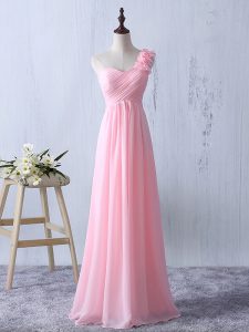 Baby Pink Chiffon Zipper One Shoulder Sleeveless Floor Length Damas Dress Ruffles and Ruching