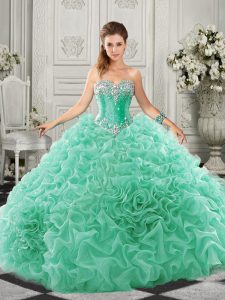 Ideal Apple Green Sleeveless Organza Court Train Lace Up 15 Quinceanera Dress for Military Ball and Sweet 16 and Quinceanera