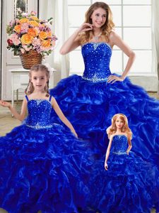 Traditional Royal Blue Sleeveless Organza Lace Up 15 Quinceanera Dress for Military Ball and Sweet 16 and Quinceanera