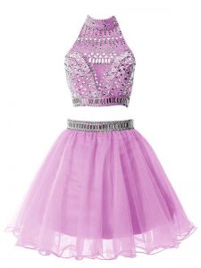 Sleeveless Knee Length Beading Zipper Dama Dress with Lilac