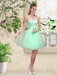 Knee Length Lace Up Quinceanera Dama Dress Apple Green for Prom and Party with Lace and Belt