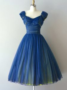 Fabulous Knee Length A-line Cap Sleeves Blue Quinceanera Court of Honor Dress Lace Up