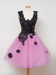 Fantastic Sleeveless Tulle Knee Length Zipper Dama Dress in Lilac with Lace