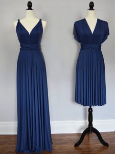 Navy Blue Empire Ruching Court Dresses for Sweet 16 Lace Up Chiffon Sleeveless Floor Length