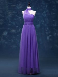 Nice Sleeveless Floor Length Ruching Lace Up Quinceanera Dama Dress with Lavender