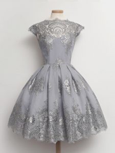 Grey Scalloped Lace Up Lace Quinceanera Court Dresses Cap Sleeves