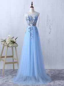 Great Floor Length Light Blue Damas Dress Scoop Sleeveless Side Zipper