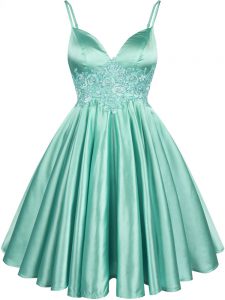 Cheap Sleeveless Elastic Woven Satin Knee Length Lace Up Quinceanera Court Dresses in Apple Green with Lace