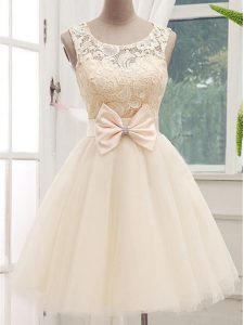 Champagne Sleeveless Knee Length Lace and Bowknot Lace Up Quinceanera Court of Honor Dress