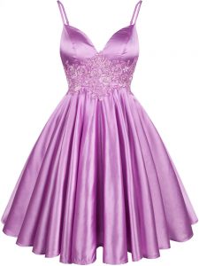 A-line Dama Dress for Quinceanera Lilac Spaghetti Straps Elastic Woven Satin Sleeveless Knee Length Lace Up