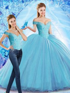 Hot Selling Sleeveless Organza Sweep Train Lace Up Quinceanera Dresses in Baby Blue with Beading