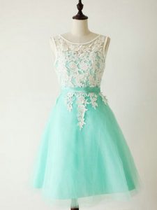 Scoop Sleeveless Court Dresses for Sweet 16 Knee Length Lace Turquoise Tulle