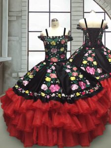 Red And Black Off The Shoulder Lace Up Embroidery and Ruffled Layers Little Girls Pageant Dress Wholesale Sleeveless