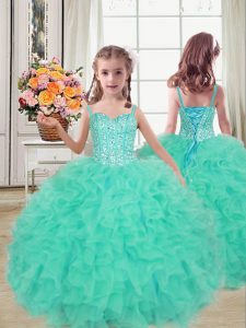 Super Sleeveless Organza Floor Length Lace Up Little Girl Pageant Dress in Turquoise with Beading and Ruffles