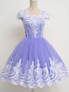 Lavender Tulle Zipper Vestidos de Damas Cap Sleeves Knee Length Lace