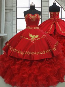 Fabulous Wine Red Ball Gowns Satin and Organza Sweetheart Sleeveless Beading and Embroidery and Ruffles Lace Up Vestidos de Quinceanera Brush Train