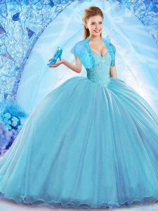 Spectacular Baby Blue Sleeveless Sweep Train Beading Quinceanera Gown