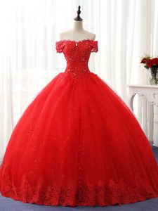 Clearance Off The Shoulder Sleeveless Quinceanera Gown Floor Length Beading and Ruffles Red Tulle