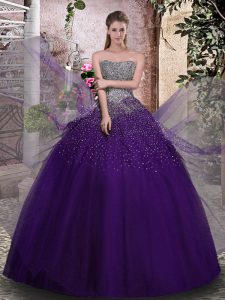 Custom Designed Ball Gowns Quince Ball Gowns Purple Strapless Tulle Sleeveless Floor Length Lace Up