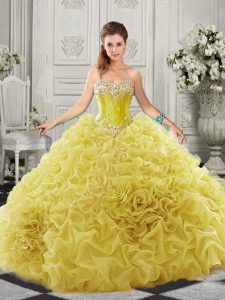 Beauteous Sweetheart Sleeveless Organza Quinceanera Dress Beading and Ruffles Court Train Lace Up