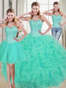 Trendy Sweetheart Sleeveless Organza Quinceanera Gown Beading and Ruffled Layers Brush Train Lace Up