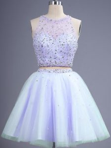 Exceptional Lavender Lace Up Quinceanera Dama Dress Beading Sleeveless Knee Length