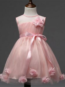 Scoop Sleeveless Pageant Dress Knee Length Hand Made Flower Pink Tulle