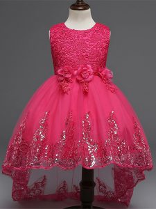 Sleeveless Lace and Appliques and Bowknot and Hand Made Flower Zipper Little Girl Pageant Dress