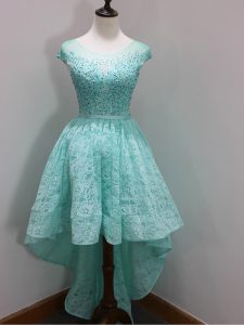 Cheap Scoop Cap Sleeves Quinceanera Dama Dress High Low Beading and Lace Aqua Blue Lace