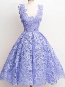 Sophisticated Lavender Lace Zipper Straps Sleeveless Knee Length Damas Dress Lace