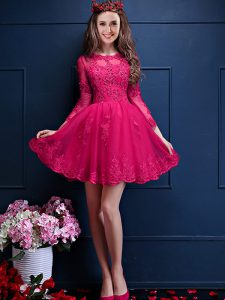 Unique Chiffon Scalloped 3 4 Length Sleeve Lace Up Beading and Lace and Appliques Dama Dress for Quinceanera in Hot Pink