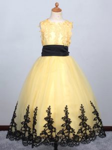 Sweet Sleeveless Floor Length Appliques Lace Up Child Pageant Dress with Yellow